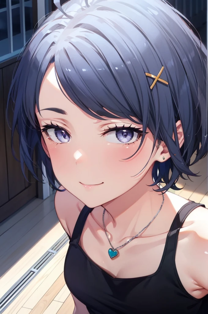 komachihikigaya, komachi hikigaya, short hair, Black Hair, hair ornaments, Ahoge, Hair Clip, x hair ornaments, (Purple eyes:1.1), tooth, happy smile, smile, Open your mouth, black tank top shirt,Locket Necklace,Skinny jeans,Stiletto heels,morning,morning陽,The sun is rising,Walking,whole bodyがイラストに入るように,
break outdoors, Building district,
break looking at viewer,whole body,
break (masterpiece:1.2), Highest quality, High resolution, unity 8k wallpaper, (figure:0.8), (Beautiful attention to detail:1.6), Highly detailed face, Perfect lighting, Highly detailed CG, (Perfect hands, Perfect Anatomy),