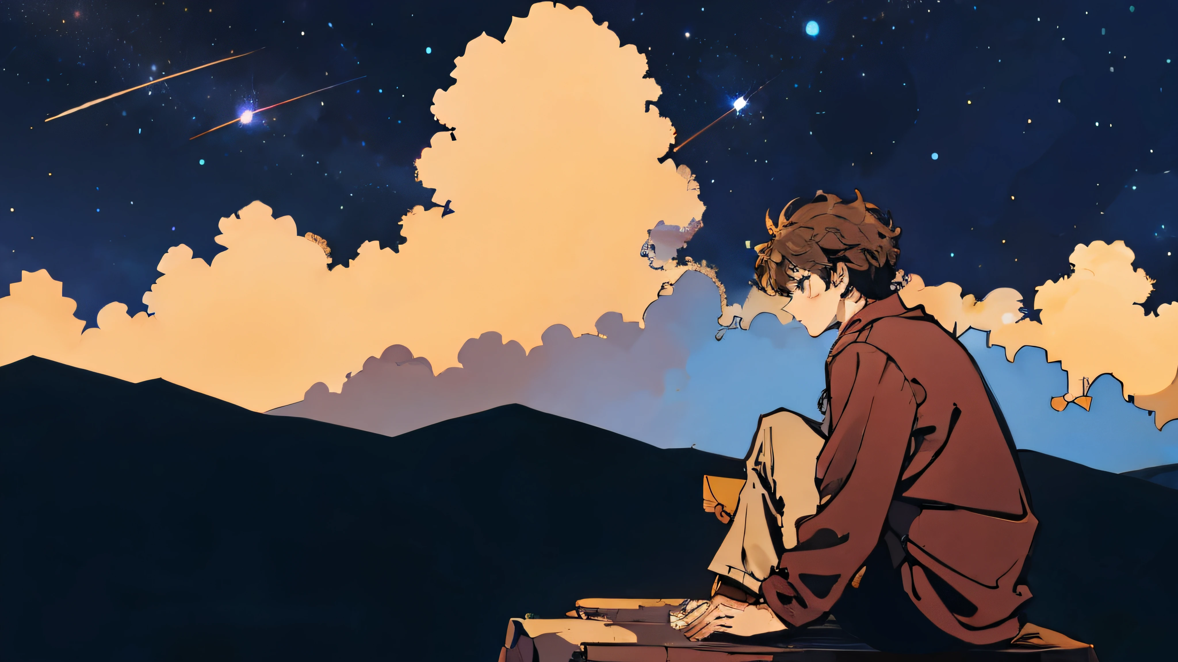 guy 20 years old with short curly hair, of average height, with a thin build, sits on a hill looking at the stars in the night sky.
