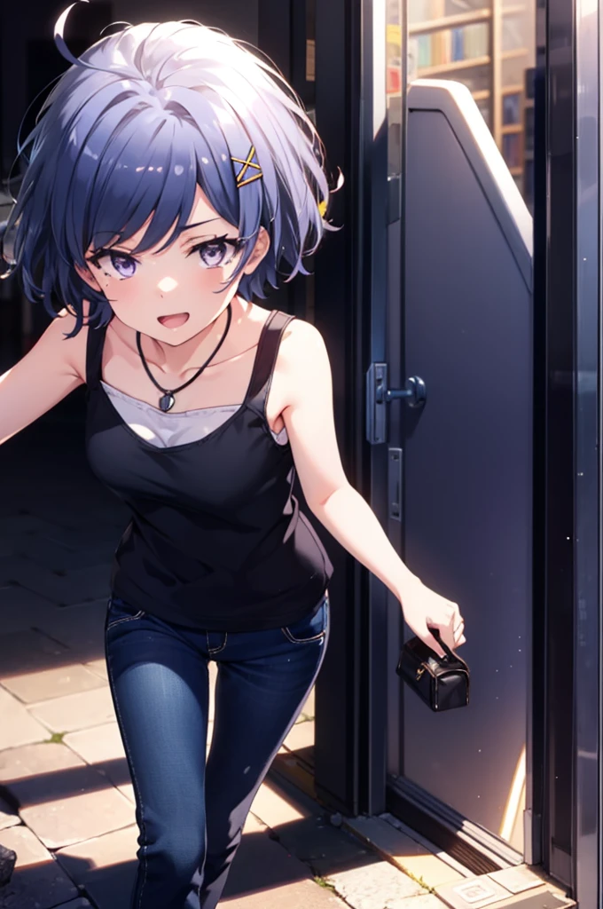 komachihikigaya, komachi hikigaya, short hair, Black Hair, hair ornaments, Ahoge, Hair Clip, x hair ornaments, (Purple eyes:1.1), tooth, happy smile, smile, Open your mouth, black tank top shirt,Locket Necklace,Skinny jeans,Stiletto heels,morning,morning陽,The sun is rising,Walking,whole bodyがイラストに入るように,
break outdoors, Building district,
break looking at viewer,whole body,
break (masterpiece:1.2), Highest quality, High resolution, unity 8k wallpaper, (figure:0.8), (Beautiful attention to detail:1.6), Highly detailed face, Perfect lighting, Highly detailed CG, (Perfect hands, Perfect Anatomy),