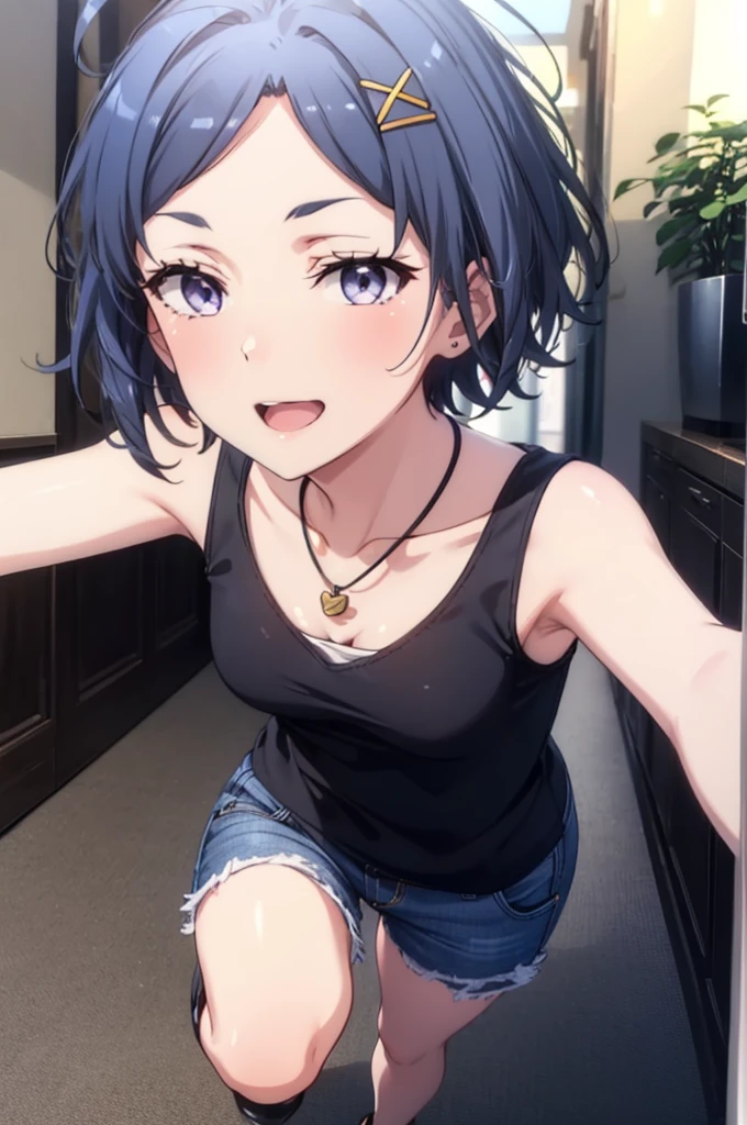 komachihikigaya, komachi hikigaya, short hair, Black Hair, hair ornaments, Ahoge, Hair Clip, x hair ornaments, (Purple eyes:1.1), tooth, happy smile, smile, Open your mouth, black tank top shirt,Locket Necklace,Skinny jeans,Stiletto heels,morning,morning陽,The sun is rising,Walking,whole bodyがイラストに入るように,
break outdoors, Building district,
break looking at viewer,whole body,
break (masterpiece:1.2), Highest quality, High resolution, unity 8k wallpaper, (figure:0.8), (Beautiful attention to detail:1.6), Highly detailed face, Perfect lighting, Highly detailed CG, (Perfect hands, Perfect Anatomy),