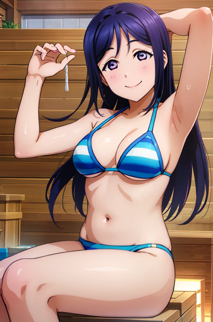 (((pixel-perfect, detail-perfect))), solo, 1girl, kanan matsuura, smile, eyes violet, hair blue, sauna pool, bikini, armpit, medium filesize, ultra High Qality