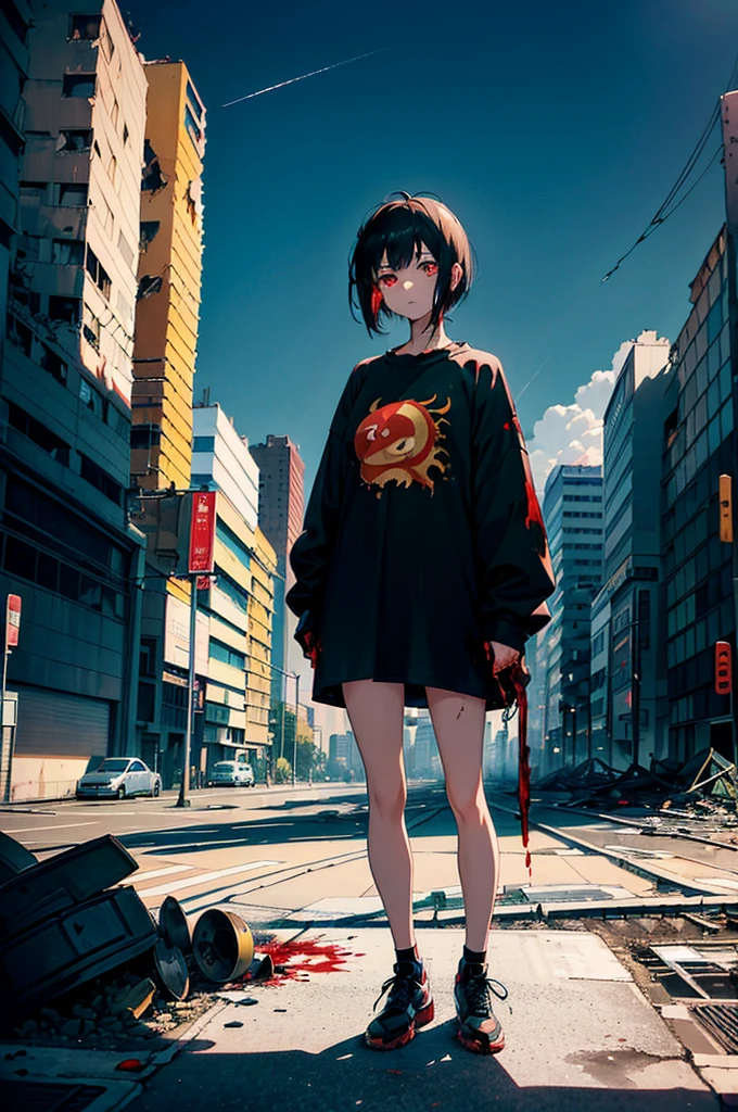 ((1 GIRL)) ((2d anime girl)), ((Japanese)) mature female,18-year-old, ((2d anime girl)), ((short dark-haired)), ((windswept hair)) ((ultra high quality))((flawless))((4k UHD)) ((Best Quality)) ((Daytime)) ((eyes glowing red )), wearing a ((black long sleeve shoulderless T-shirt)) with the slogan ((KAIJU))((KAIJU))((KAIJU)) in RED letters, wearing blue jeans and black and yellow sneakers with (((blood splattered))) on it and her face, standing in the street ((facing toward the camera)) in a ((ruined city)) filled with ((heavily damaged)) and worn (( tall skyscrapers with gaping holes in their structures while on fire)) and ((crushed vehicles on fire)) and small and ((raging fires all around)) and an expressionless look on her face, with a giant monster kaiju-beast in the distance looking furocious.
