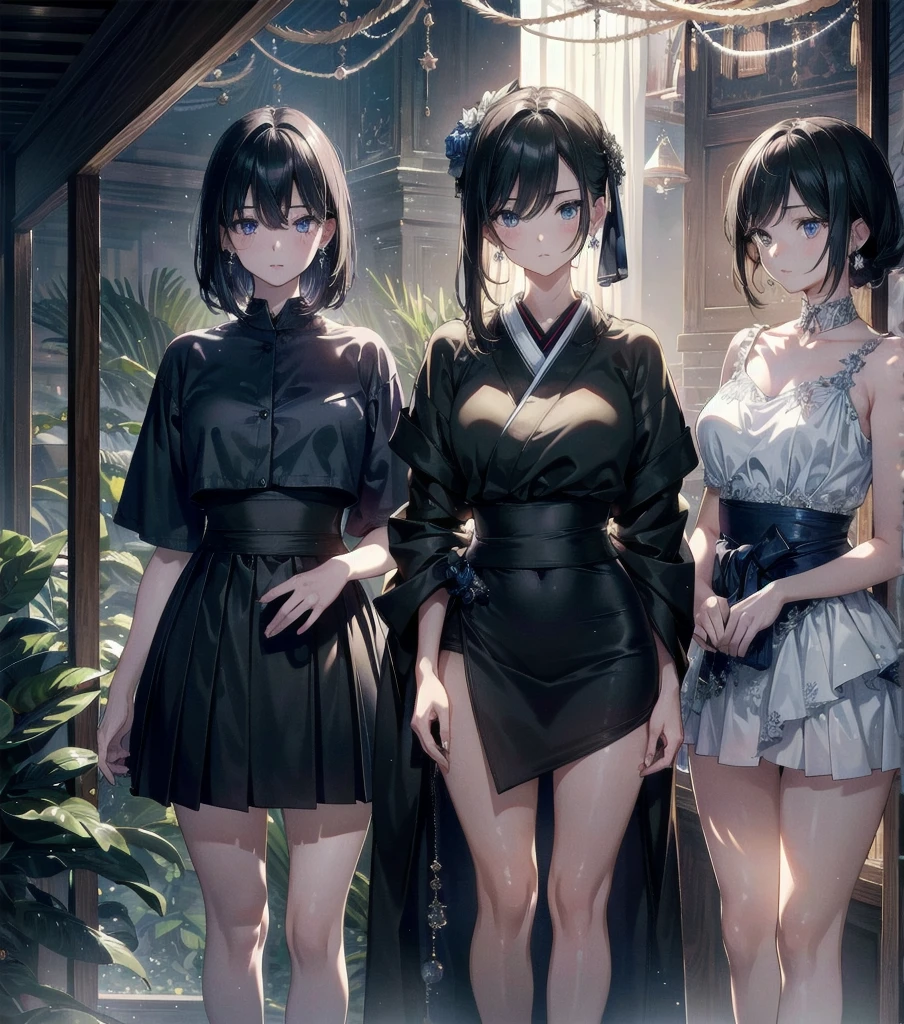 absurdres, RAW photo, extremely delicate and beautiful, masterpiece, Best Quality, ultra high resolution, 32k, hyperrealistic, ultra-detailed, Very detailed CG 8k wallpaper, Beautiful Lighting, Perfect Lightning, Realistic Shadows, perfect anatomy, super Detailed skin, perfect figure, Japanese woman, late 20s, very Slim body, narrow waist, very small head, handsome detailed woman, very detailed eyes and face, realistic face proportions, Stunning detailed eyes, Realistic beautiful face, very small face, Realistic small beautiful eyes, tearful mole, earring, beautiful and very thin legs, beautiful and very thin thighs, very huge round breasts, medium hair, black hair, (full body shot), Fine Collarbone, (3 girls), (dress),
