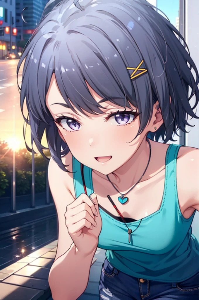 komachihikigaya, komachi hikigaya, short hair, Black Hair, hair ornaments, Ahoge, Hair Clip, x hair ornaments, (Purple eyes:1.1), tooth, happy smile, smile, Open your mouth, black tank top shirt,Locket Necklace,Skinny jeans,Stiletto heels,morning,morning陽,The sun is rising,Walking,whole bodyがイラストに入るように,
break outdoors, Building district,
break looking at viewer,whole body,
break (masterpiece:1.2), Highest quality, High resolution, unity 8k wallpaper, (figure:0.8), (Beautiful attention to detail:1.6), Highly detailed face, Perfect lighting, Highly detailed CG, (Perfect hands, Perfect Anatomy),