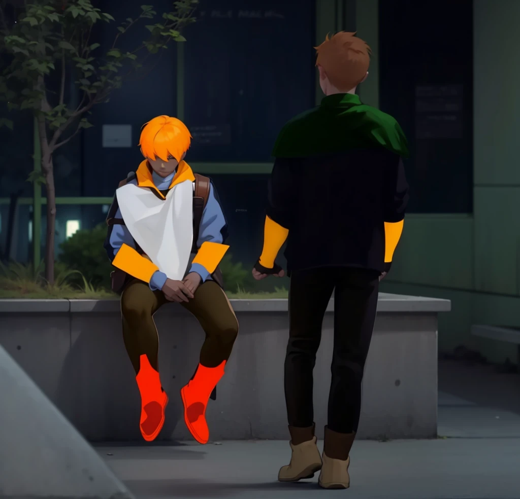 There are two young schoolchildren of 16 years old, one sitting with orange hair and the other walking towards him., They both have superhero costumes, they have golden superhero boots, they are thin but