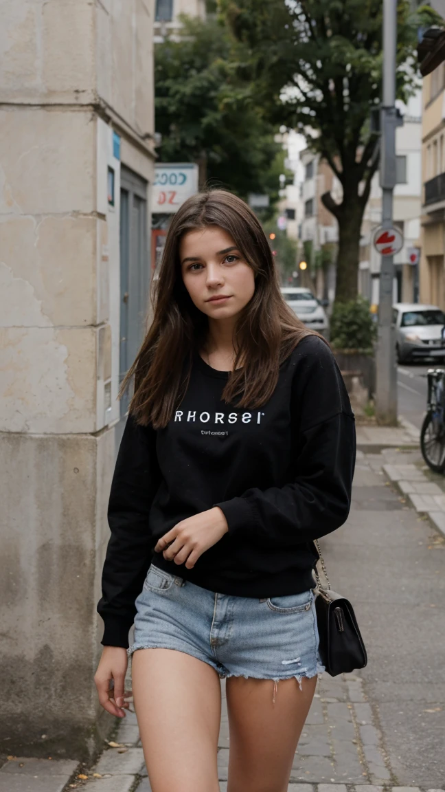 photo d'une jeune fille de 21 ans qui est dans la rue et qui tire la longue