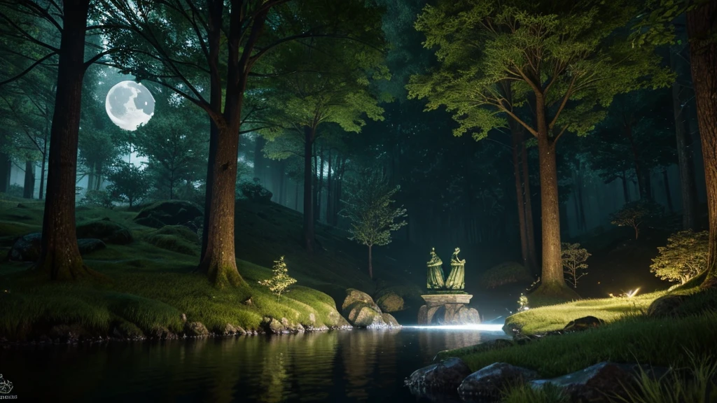 giant beautiful lady stone statue, smiling face, glowing moss, night forest, moon, glowing insects, water stream, hidden abandoned place, dnd, elden ring, fantasy setting, hd, unreal engine render, ray tracing, artstation, medieval setting, magic, closeup look