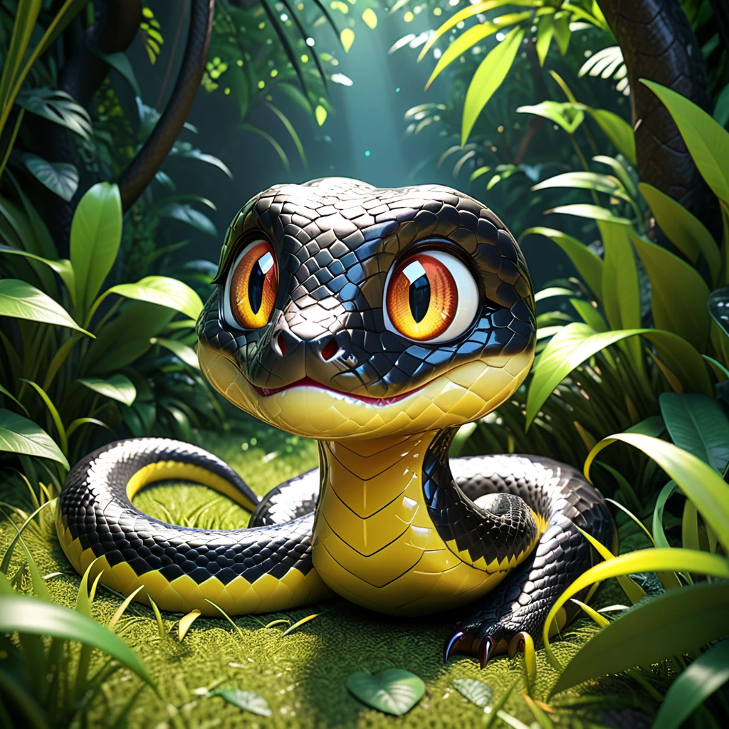 A cute small snake with big eyes, slithering quickly across the grass. It has a playful expression and vibrant black scales, set in a cartoon jungle environment, high resolution, high detail, cinematic light, 3D render, octane rendering, high quality. --ar 1:1 --v 6.0