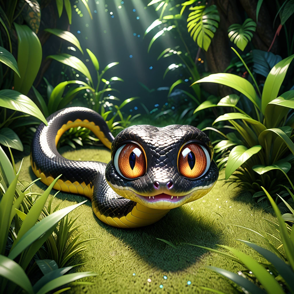 A cute small snake with big eyes, slithering quickly across the grass. It has a playful expression and vibrant black scales, set in a cartoon jungle environment, high resolution, high detail, cinematic light, 3D render, octane rendering, high quality. --ar 1:1 --v 6.0