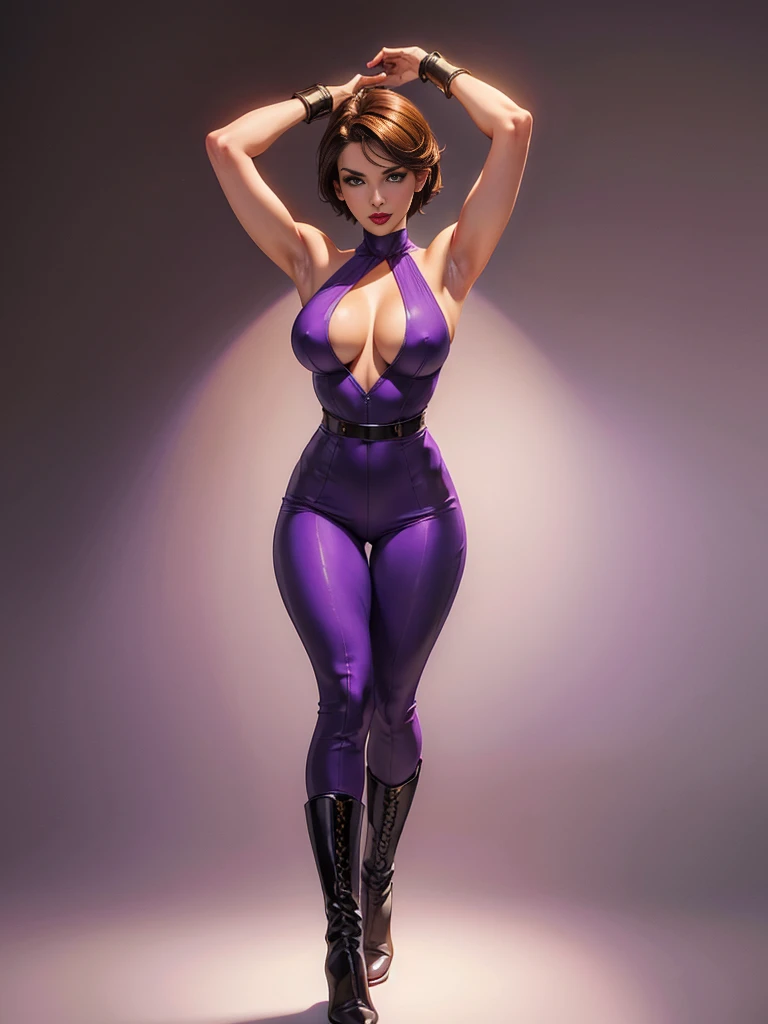 ((best quality)), ((4k)), ((highres)), ((masterpiece:1.2)). ((detailed)), ((ultra realistic)), ((intricate details)), ((full body picture)), ((character design sheet)), ((blank background)), ((standing in a blank background)), a full body shot of a beautiful european female, polish woman, polish beauty, ((emphasis on her fair skin complexion)), ((brown hair)), pixie haircut, ((PIXIE HAIRCUT)), ((VERY SHORT HAIR)), perfect face, gorgeous face, ((vivid hazel eyes)) detailed eyes, detailed lips, ((red lips)), about 5'10 tall, ((TALL WOMAN)), about 25 years old, medium-sized breasts, c cup breasts, athletic body, muscular arms, muscular and feminine, she's dressed in a sleeveless purple jumpsuit with high neck, ((PURPLE JUMPSUIT)), ((high neck)), ((no cleavage)), BLACK boots and white gold gloves, ((BLACK boots)), ((white gold gloves)), GOLD ADORNMENTS, posing with her arms above her head, ((arms above head))