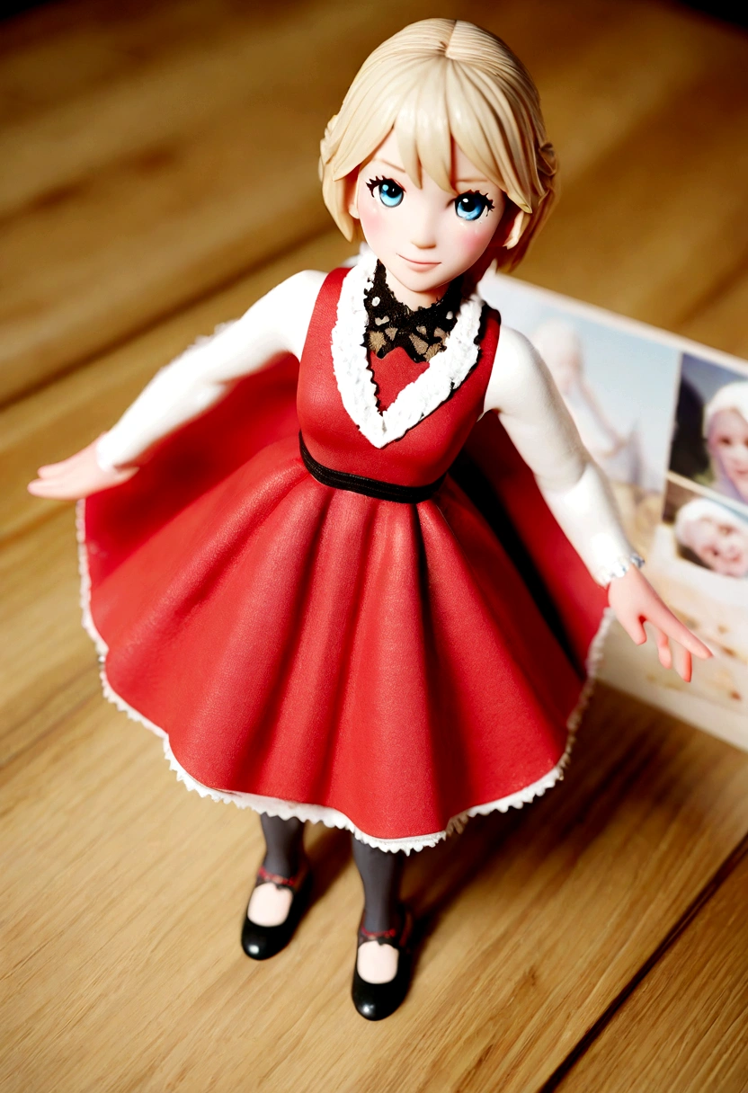 Photo of Alisa from Frozen cartoon wearing a red dress, photo, 3d render, illustration