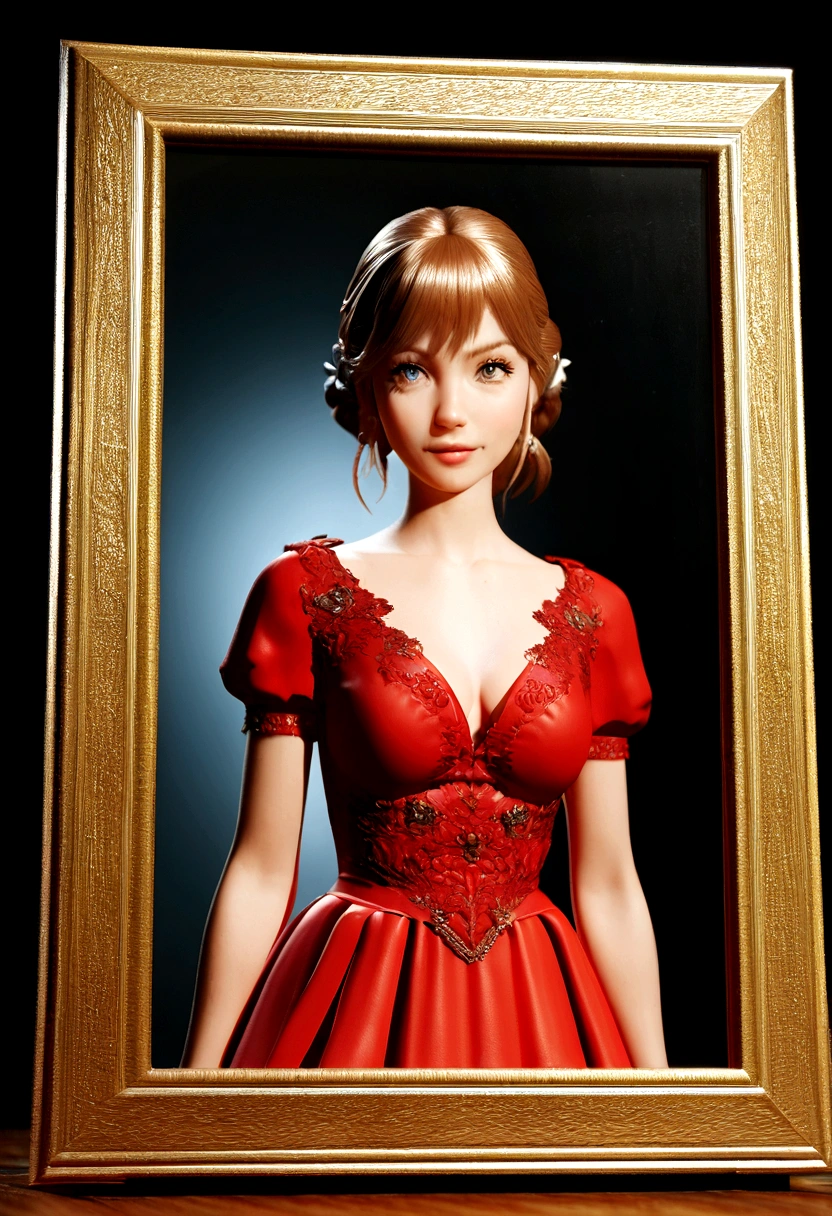 Photo of Alisa from Frozen cartoon wearing a red dress, photo, 3d render, illustration