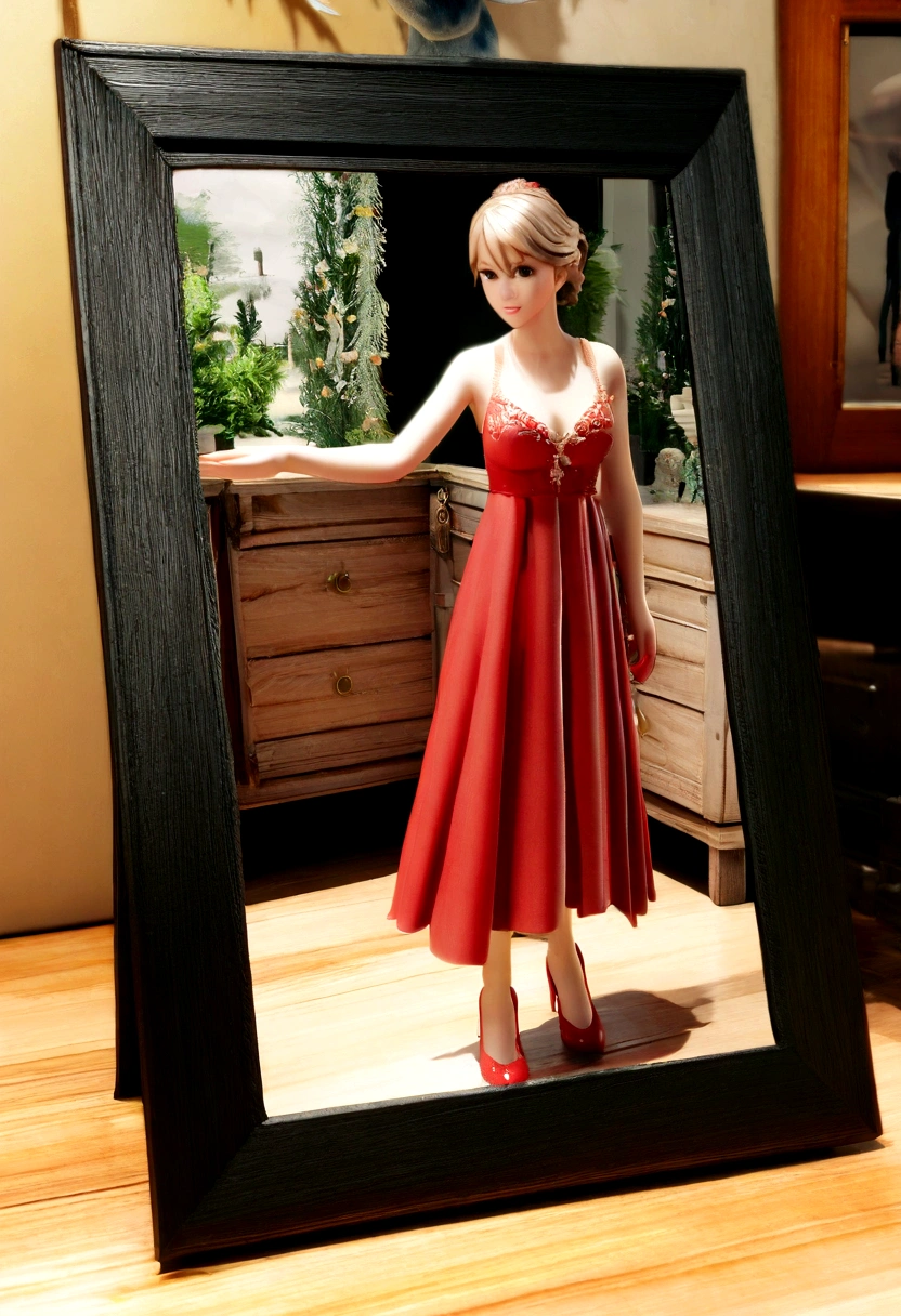 Photo of Alisa from Frozen cartoon wearing a red dress, photo, 3d render, illustration