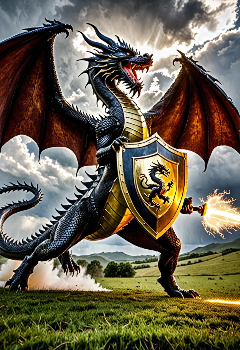dragon shooting lightening, at soldier with shield