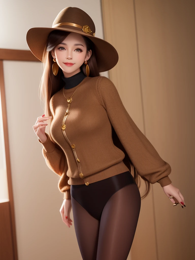 1girl, solo, long_hair, looking_at_viewer, brown_hair, hat, photoshop_(medium), shirt, long_sleeves, original, brown_eyes, jewelry, pantyhose, earrings, indoors, sweater, lips, leaning_forward, realistic, badge, real_life, button_badge, smiley_face