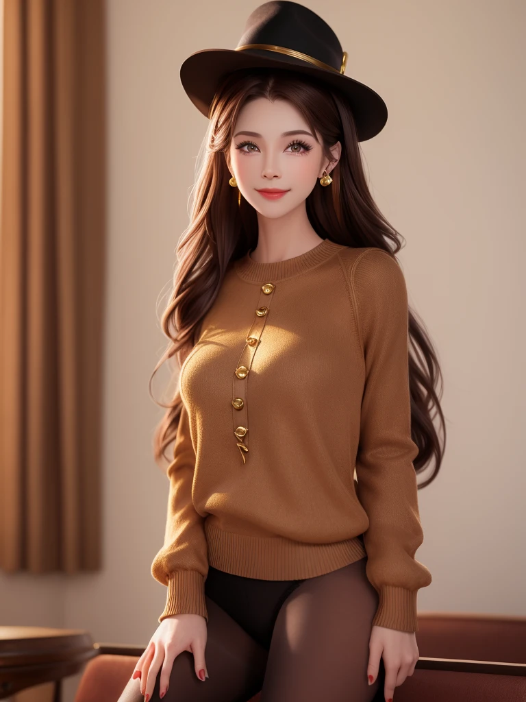 1girl, solo, long_hair, looking_at_viewer, brown_hair, hat, photoshop_(medium), shirt, long_sleeves, original, brown_eyes, jewelry, pantyhose, earrings, indoors, sweater, lips, leaning_forward, realistic, badge, real_life, button_badge, smiley_face