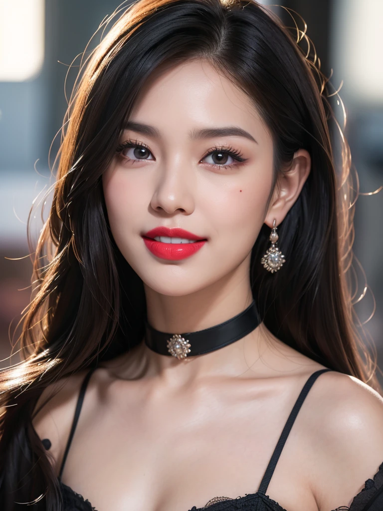 1girl, alone, solitary, high quality, (best quality,4k,8k,highres,masterpiece:1.2),ultra-detailed,(realistic,photorealistic,photo-realistic:1.37),gorgeous hair,black hair,long straight hair with bangs,sharp eyes,mole under the eye,plump lips,jewelry,(high detailed skin:1.4),(rim lighting:1.3),(lit:1.3),(sunny day:1.3),portrait,beautiful lips,waist-length hair,seductive gaze,moles,casual clothes,colorful clothing,close up,super long hair,choker necklace,tattoos,tattooed,light eyes,bangs,fringe,20 year old,dimples on the cheeks,dimples,black hair,darkblackhair,dark jet black hair,black,dark hair,beautiful smile,perfect teeth,straight teeth,perfect sized teeth,dazzling smile,red lips,red lipstick,round lips,round pouty lips,pouty lips