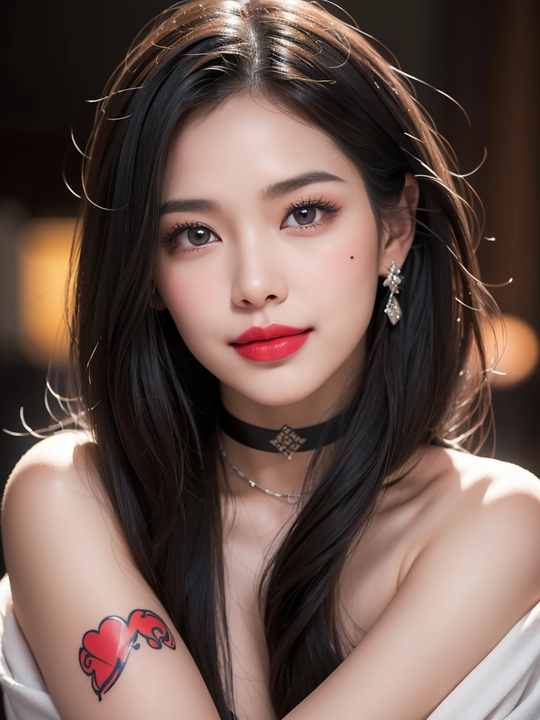 1girl, alone, solitary, high quality, (best quality,4k,8k,highres,masterpiece:1.2),ultra-detailed,(realistic,photorealistic,photo-realistic:1.37),gorgeous hair,black hair,long straight hair with bangs,sharp eyes,mole under the eye,plump lips,jewelry,(high detailed skin:1.4),(rim lighting:1.3),(lit:1.3),(sunny day:1.3),portrait,beautiful lips,waist-length hair,seductive gaze,moles,casual clothes,colorful clothing,close up,super long hair,choker necklace,tattoos,tattooed,light eyes,bangs,fringe,20 year old,dimples on the cheeks,dimples,black hair,darkblackhair,dark jet black hair,black,dark hair,beautiful smile,perfect teeth,straight teeth,perfect sized teeth,dazzling smile,red lips,red lipstick,round lips,round pouty lips,pouty lips