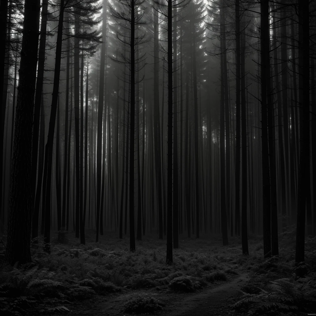 detailed night forest scene, dark forest at night, large gray sky, best quality, night photography, fog, grayscale tones, no people, dark rain, 2480px x 3508px, A4 format, translucent image