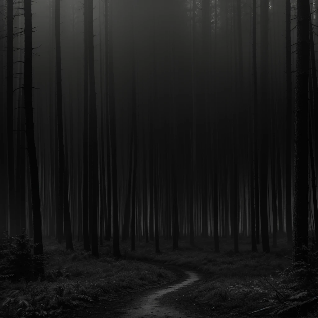 detailed night forest scene, dark forest at night, large gray sky, best quality, night photography, fog, grayscale tones, no people, dark rain, 2480px x 3508px, A4 format, translucent image