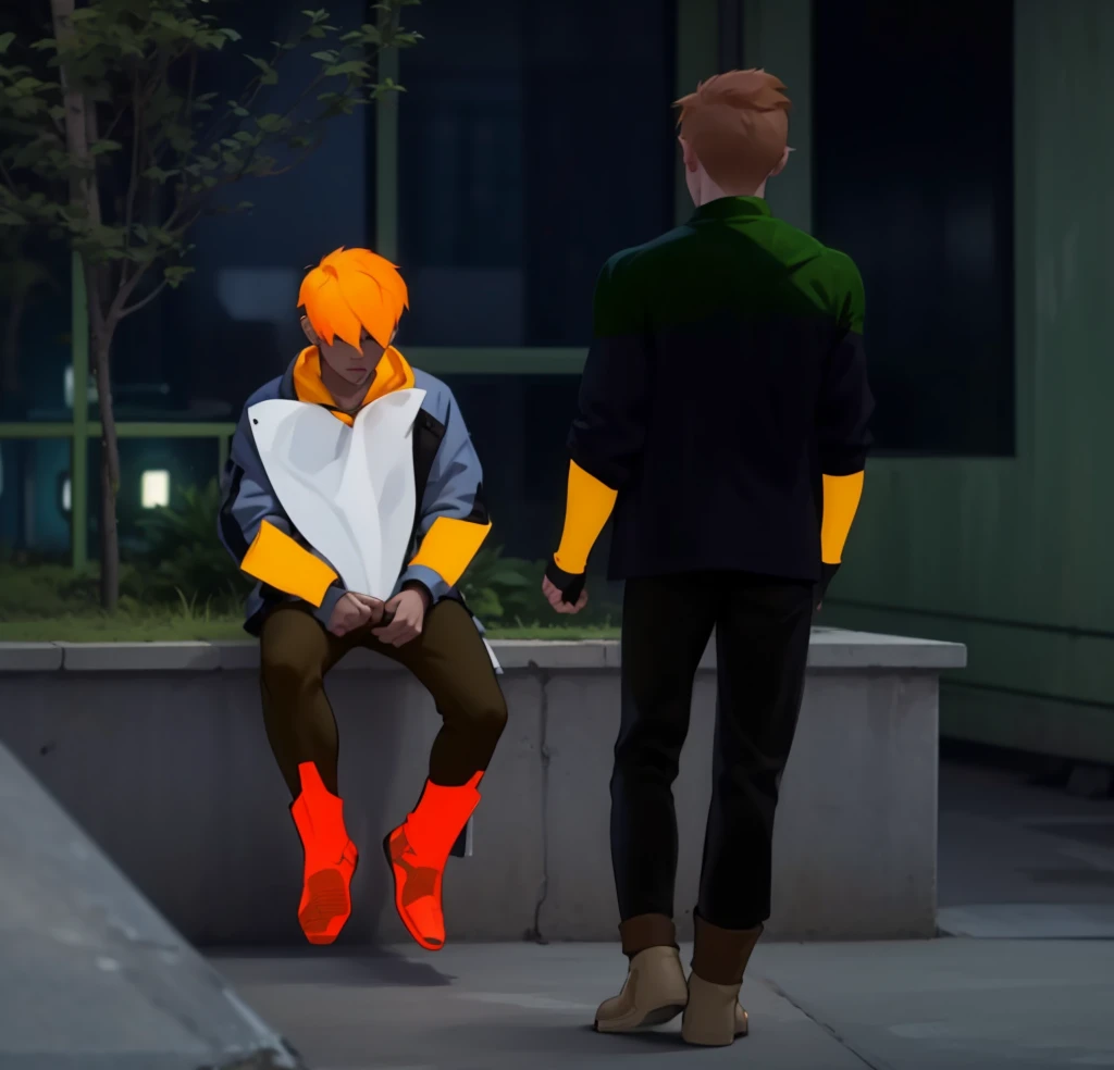 There are two thin athletic 16 year olds, one sitting with orange hair and the other walking towards him., They both have superhero costumes, they have golden superhero boots, they are thin but