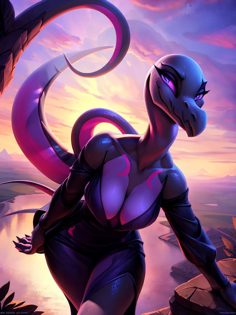 uploaded on e621, ((Salazzle)) by Pixelsketcher, by Bayard Wu, by Thomas Benjamin Kennington , by Einshelm, anthro, (( portrait)), BREAK, ((dress:1.2)), very sweaty, ((black dress )), (detailed Bonifasko lighting), (detailed scales), (detailed skin), (female Salazzle), BREAK, ((long flowing tail)), ((facing viewer)), (cinematic lighting), ((detailed background)), ((full body portrait view)), (((full body view))), (half body shadow), [backlighting], [crepuscular ray], [detailed ambient light], [gray natural lighting], [ambient light on the belly], (higher wildlife feral detail), [explict content], [sharp focus], (questionable content), (shaded), ((masterpiece), medium breasts, furry Salazzle, reptilian face, furry Fantasy Art, furry Art, Commission for High Res, anthro Art, POV furry Art,Sakimichan beautiful, masterpiece, medium breasts, best quality, detailed image, bright colors, detailed face, perfect lighting, perfect shadows, perfect eyes, girl focus, purple eyes, flawless face, big breasts, face focus, long flowing, reptilian girl, scales, scales woman, dragon nose, large long muzzle, colorful scales, gaze at the viewer, half-closed eyes, 1girl, full body, (masterpiece:1.21), (best quality:1.2), (illustration:1.2), (cinematic lighting:1.3), detailed scales, balanced coloring, global illumination, ray tracing, good lighting, scales, anthro, showing breasts, cleavage, looking at viewer, seductive look, woman looking up at viewer, woman looking up at camera, bird's eye view of woman