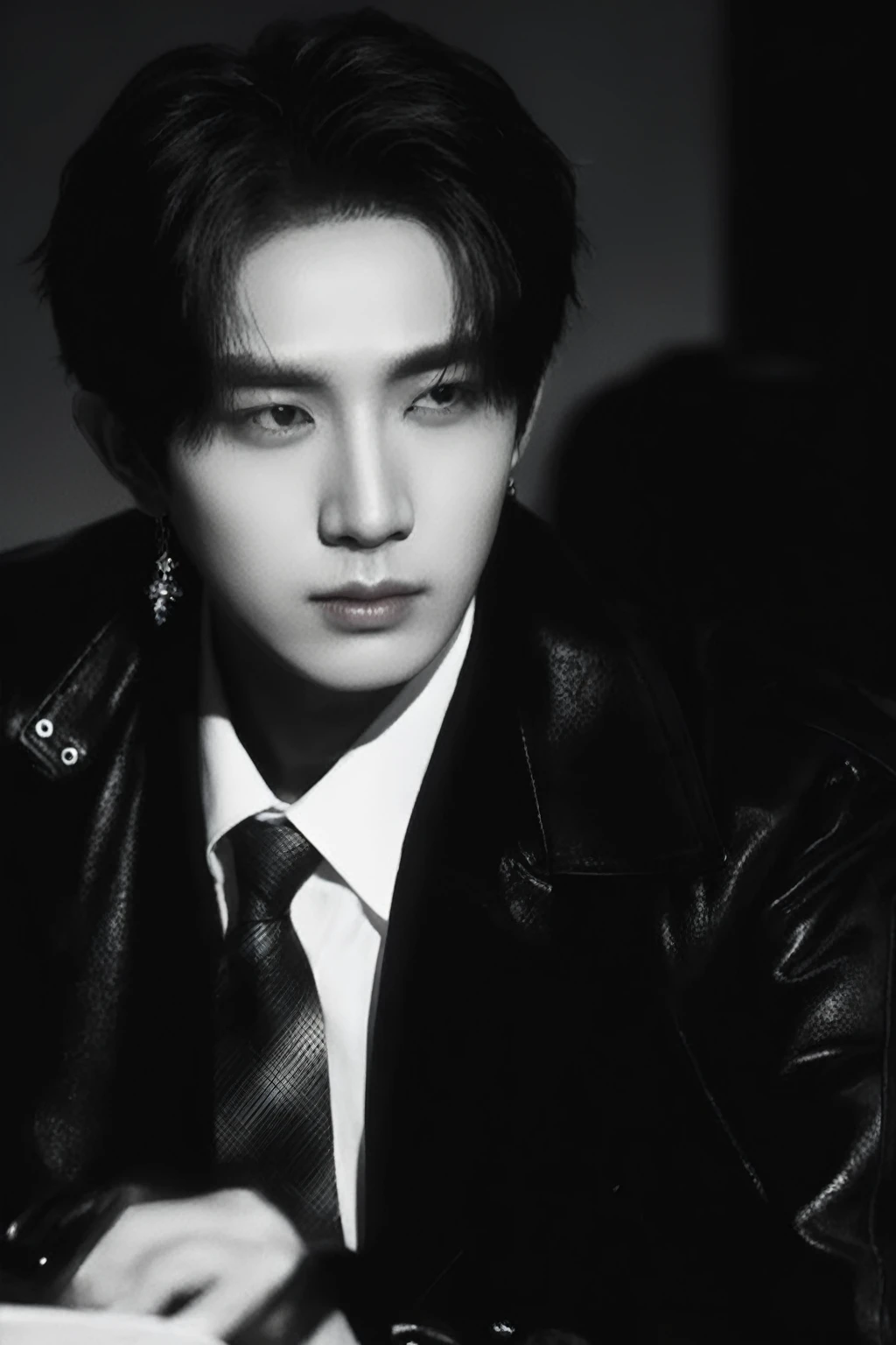 Arafed image of a man in a leather jacket and tie., cai xukun, kim taejin, jinyoung shin, key still, close up portrait, black haired yoongi, hyung tae, closeup portrait, jungkook, Jung Jaehyun, Official photo, close - up portrait, ten reads, Conceptual photo, from my part, portrait, jinyoung shin aesthetic