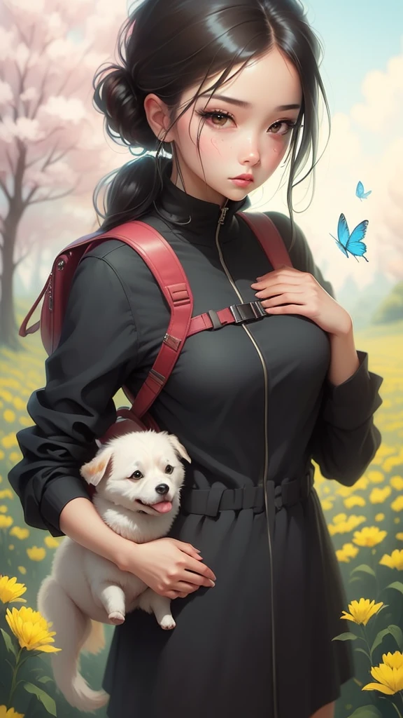 An incredibly charming  carrying a backpack, accompanied by her adorable puppy, enjoying a lovely spring outing surrounded by beautiful yellow flowers and natural scenery. The illustration is in high definition at 4k resolution, with highly-detailed facial features and cartoon-style visuals, (Butterfly Dance)