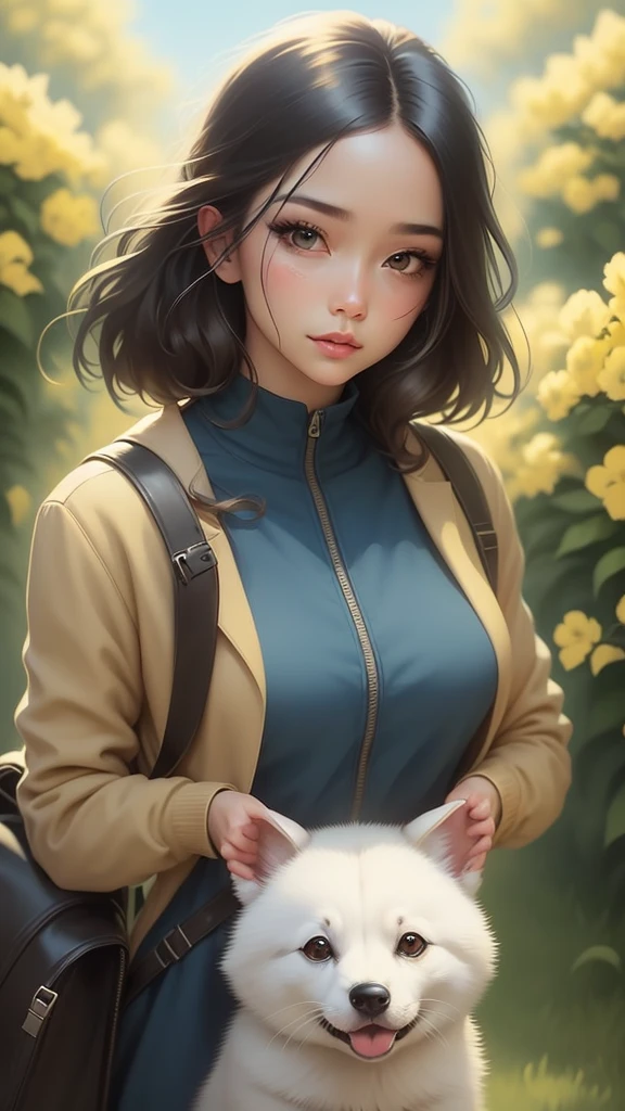 An incredibly charming carrying a backpack, accompanied by her adorable puppy, enjoying a lovely spring outing surrounded by beautiful yellow flowers and natural scenery. The illustration is in high definition at 4k resolution, with highly-detailed facial features and cartoon-style visuals, (Butterfly Dance)