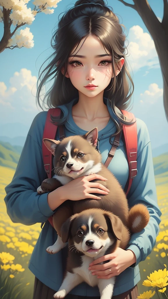 An incredibly charming  carrying a backpack, accompanied by her adorable puppy, enjoying a lovely spring outing surrounded by beautiful yellow flowers and natural scenery. The illustration is in high definition at 4k resolution, with highly-detailed facial features and cartoon-style visuals, (Butterfly Dance)