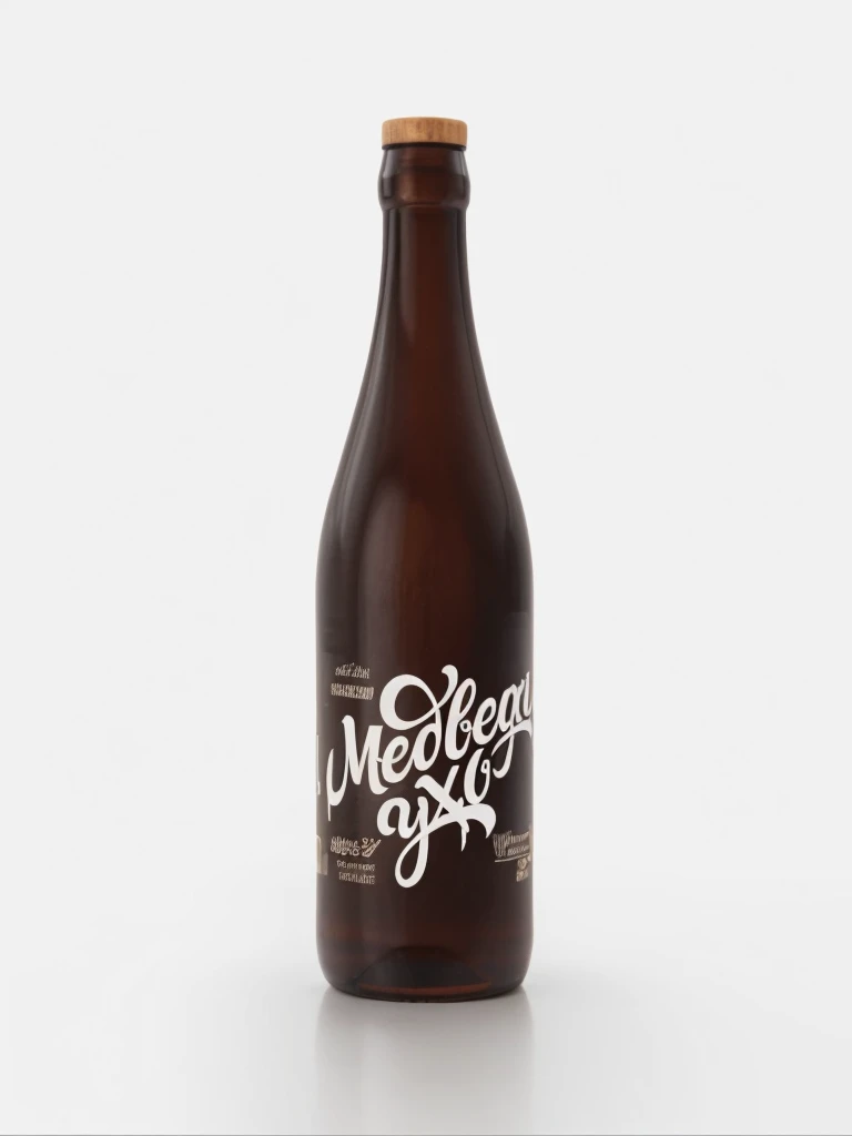 This bottle is placed on the wood next to the pieces of apple with the background of the mountain with Abshar