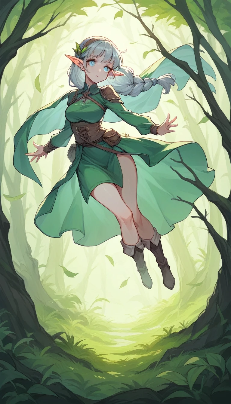 An elf warrior woman with pale skin, snowy-gray hair and round lilac eyes, with pointy ears. She wears a linen outfit with low necklines and parts of her body showing, adjusted to her slender silhouette and has large wings., suitable for flying. She must be in a dark forest setting, with large trees with green foliage.