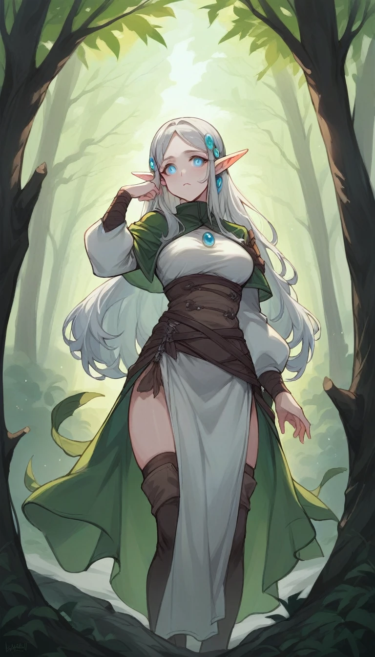 An elf warrior woman with pale skin, snowy-gray hair and round lilac eyes, with pointy ears. She wears a linen outfit with low necklines and parts of her body showing, adjusted to her slender silhouette and has large wings., suitable for flying. She must be in a dark forest setting, with large trees with green foliage. 