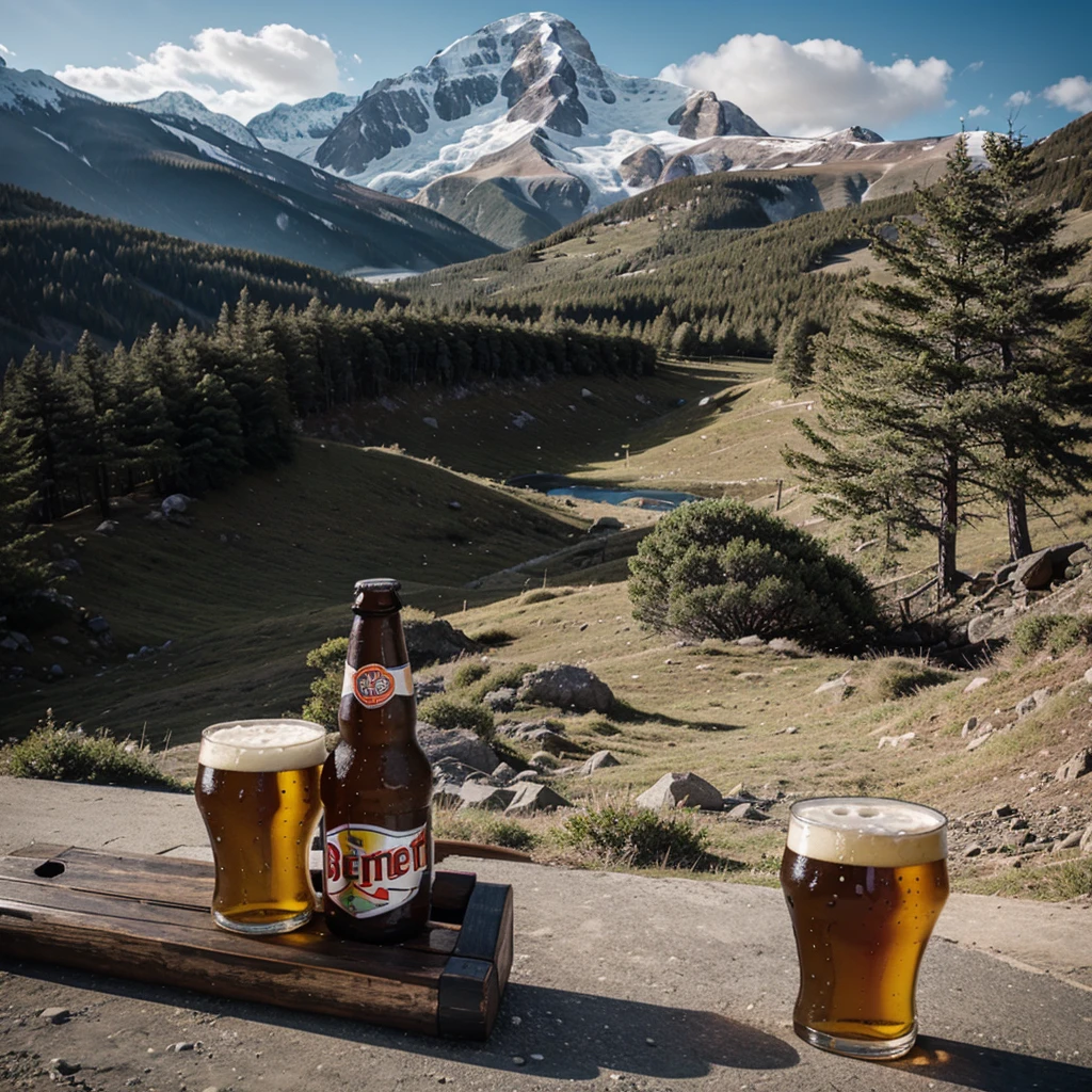 austrian sock puppet,<lora:LasogetteXL_v1:0.9>,black sports sunglasses,mountain background,holding a glass of beer,loden hat,lederhose,tiny ufo above alps in the background,