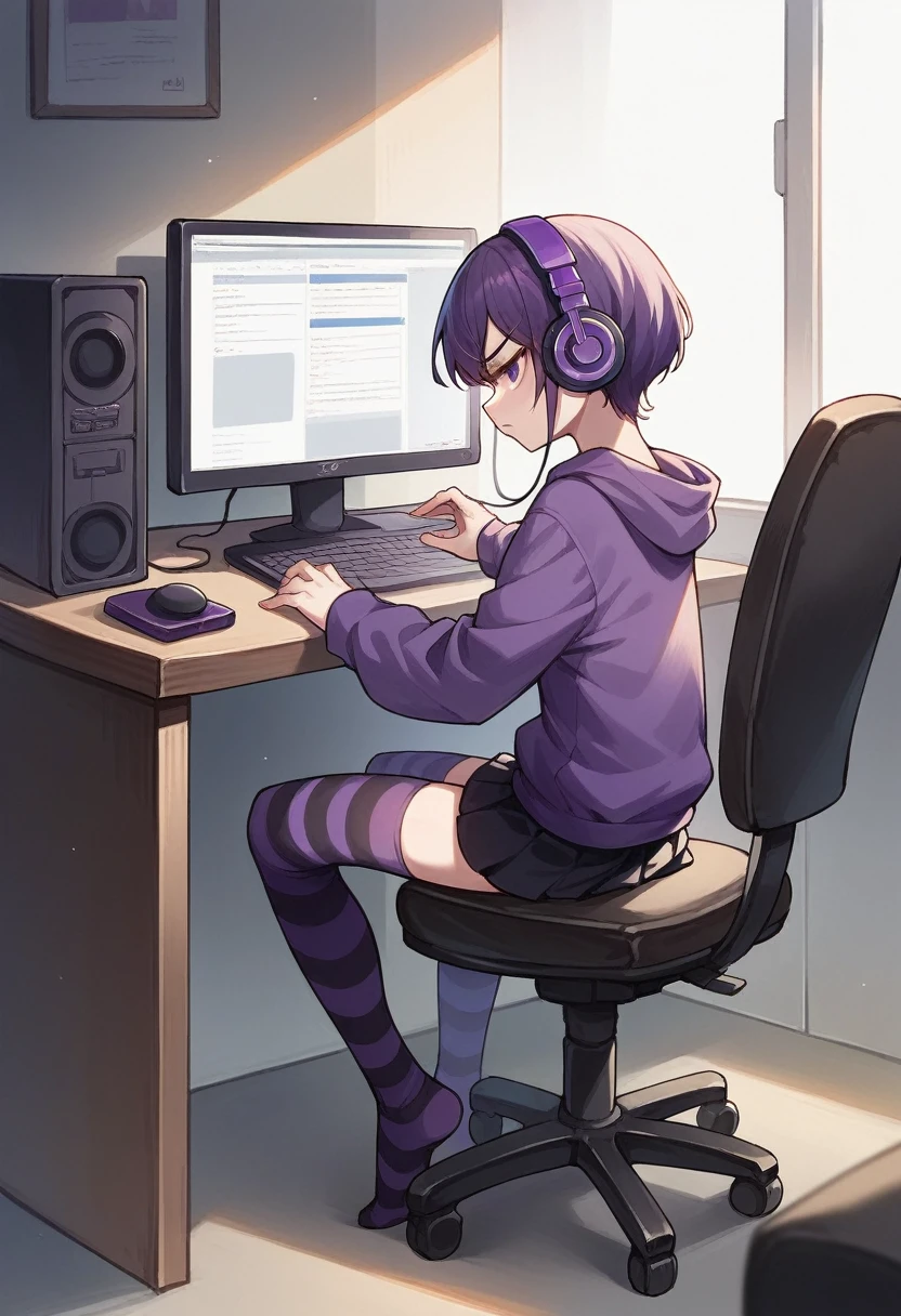 score_9, score_8_up, score_7_up, score_6_up, score_5_up, score_4_up, sideview, sitting on a chair, anime girl, purple short hair, purple hoodie, flat chest, black skirt, girl with headphones, girl gaming in front a computer, computer table, grumpy expression, focus on girl, full body, bad back posture, crooked back, Striped high stockings, purple and black striped stockings