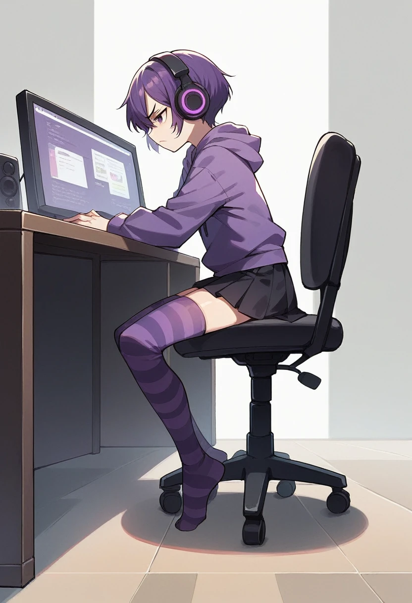 score_9, score_8_up, score_7_up, score_6_up, score_5_up, score_4_up, sideview, sitting on a chair, anime girl, purple short hair, purple hoodie, flat chest, black skirt, girl with headphones, girl gaming in front a computer, computer table, grumpy expression, focus on girl, full body, bad back posture, crooked back, Striped high stockings, purple and black striped stockings