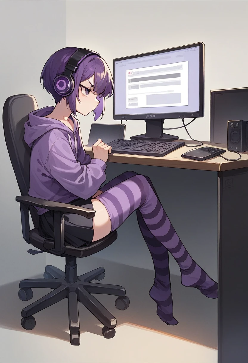score_9, score_8_up, score_7_up, score_6_up, score_5_up, score_4_up, sideview, sitting on a chair, anime girl, purple short hair, purple hoodie, flat chest, black skirt, girl with headphones, girl gaming in front a computer, computer table, grumpy expression, focus on girl, full body, bad back posture, crooked back, Striped high stockings, purple and black striped stockings