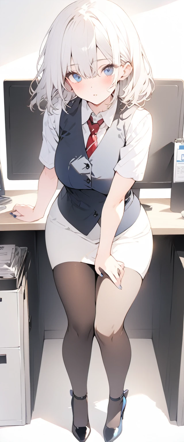 beautiful, masterpiece, Highest quality, anime, One girl, C Cup,Portrait Shot, View your viewers, Covered、Medium Hair、nearby、Blue Eyes、art、、White hair,Blue streaked hair、Beauty、officeレディ、short hair、black_officeスーツ)、new employee、Full Body Shot、Female office lady、break(Dark Blue Vest、White dress shirt、Navy mini tight pencil skirt:1.2)、(blackのニーハイ、Absolute area、High heels)、break(office:1.3)、office、brown_tights、