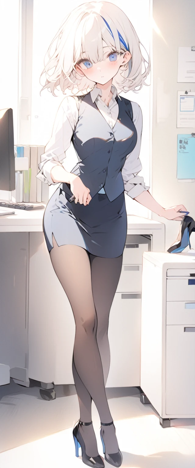 beautiful, masterpiece, Highest quality, anime, One girl, C Cup,Portrait Shot, View your viewers, Covered、Medium Hair、nearby、Blue Eyes、art、、White hair,Blue streaked hair、Beauty、officeレディ、short hair、black_officeスーツ)、new employee、Full Body Shot、Female office lady、break(Dark Blue Vest、White dress shirt、Navy mini tight pencil skirt:1.2)、(blackのニーハイ、Absolute area、High heels)、break(office:1.3)、office、brown_tights、