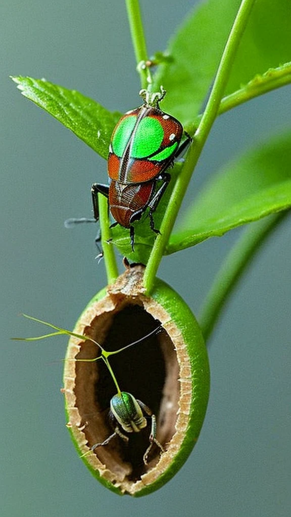 Insect alien, small, inside a plant, merging with a larva