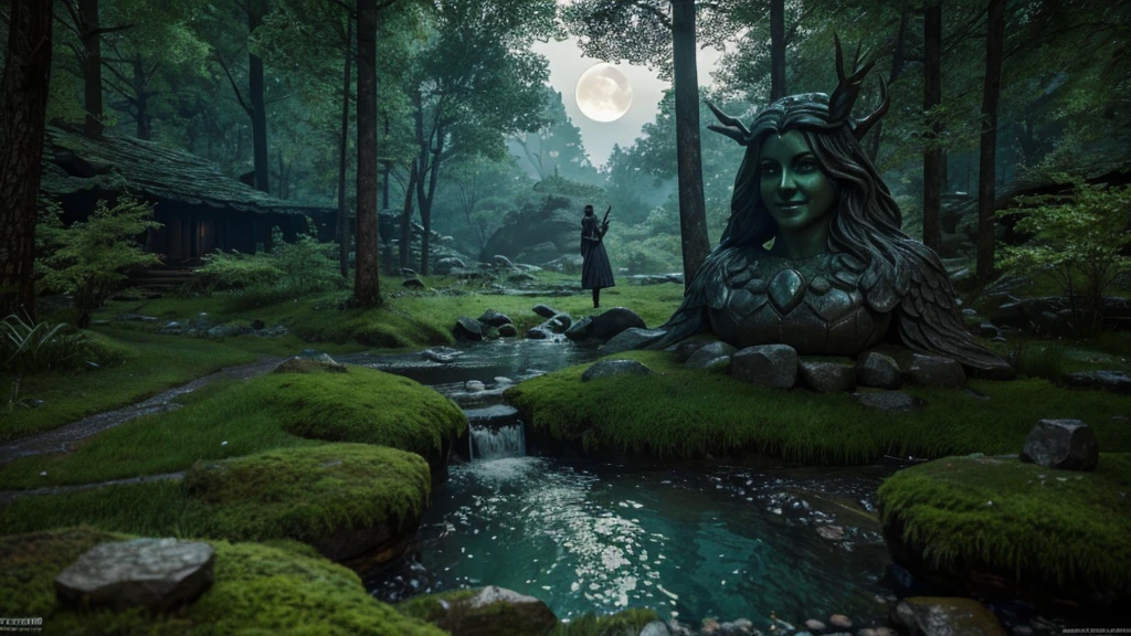 giant beautiful lady stone statue, smiling face, glowing moss, night forest, moon, glowing insects, water stream, hidden abandoned place, dnd, elden ring, fantasy setting, hd, unreal engine render, ray tracing, artstation, medieval setting, magic, closeup look