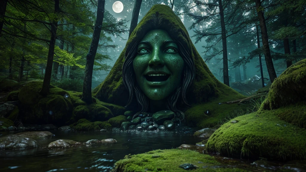 giant beautiful lady stone statue, smiling face, glowing moss, night forest, moon, glowing insects, water stream, hidden abandoned place, dnd, elden ring, fantasy setting, hd, unreal engine render, ray tracing, artstation, medieval setting, magic, closeup look