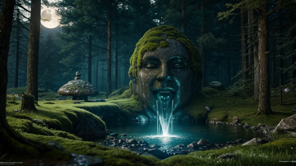 giant beautiful lady stone statue, smiling face, glowing moss, night forest, moon, glowing insects, water stream, hidden abandoned place, dnd, elden ring, fantasy setting, hd, unreal engine render, ray tracing, artstation, medieval setting, magic, closeup look