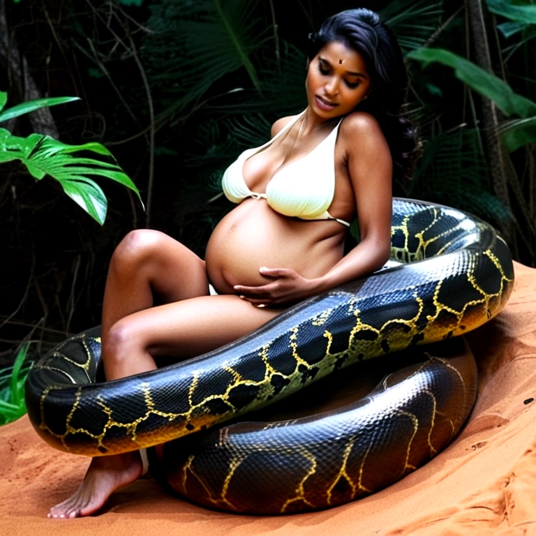 Pregnant   Bikini Happy Horny, aroused 1girl), beautiful kneeling Indian  girl  with  giant colossal black anaconda squeezing her hard, wrapped in thick spiraling coils, constricted, struggle, gasping for air, snake attack, snake peril, moonless night, dim light