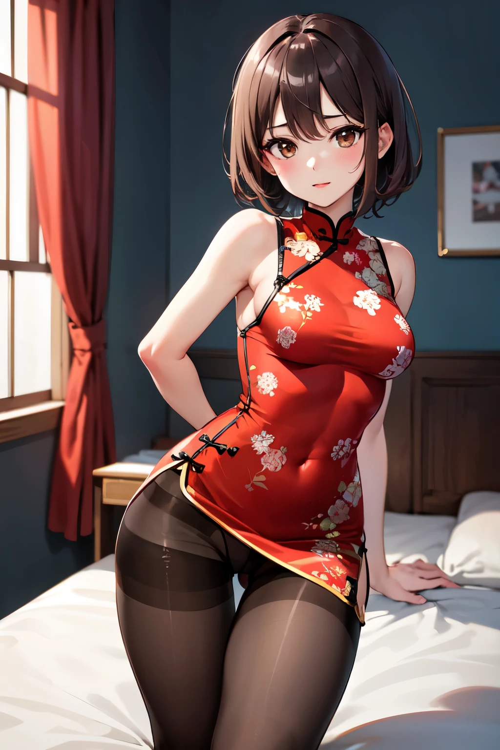 masterpiece, Highest quality, High resolution, One girl, alone, short hair, Brown Hair, Brown eyes, Bedroom、((pantyhose))、(China dress)
