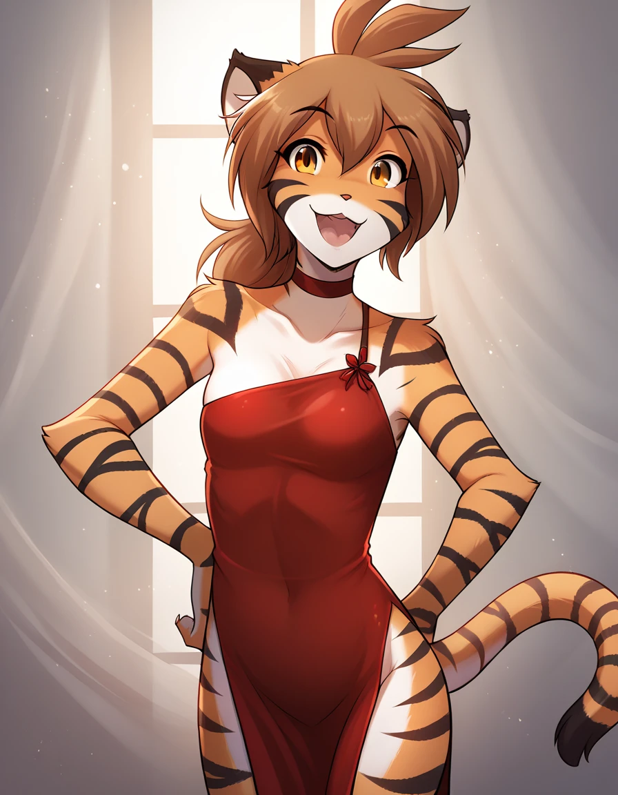 score_9, score_8_up, score_7_up, score_6_up, score_5_up, score_4_up, rating_explicit, source_furry, female, cute anthro female, cute face, detailed background, looking at viewer, solo, solo focus, (no nipples, no vagina:1.2), (digital pen line-art, soft lines, soft shading, pinup, cartoon, anime:1.2), tkflora,tiger, striped fur, tiger tail, open smile, red chinise dress, tied hair, hairsticks, chinise hall