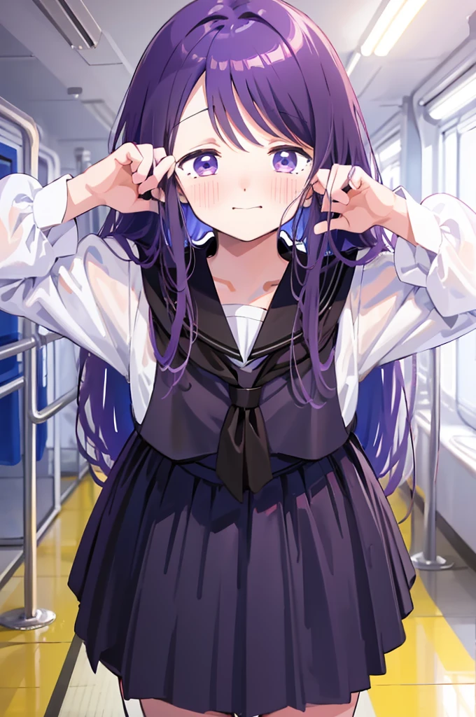 Holding white panties、Black Skirt、Take off the white panties、Smirking face、Blushing、Black Skirt、Light purple hair、Semi-long hair、、Japanese school uniform、schoolgirl、on the train、Strap、、８K,Masterpiece、Light purple hair、Semi-long hair、、Japanese 、、、、、白色のShowing panties、、Blushing、、Showing panties、Pull up your skirt、Blushing、on the train、Strap