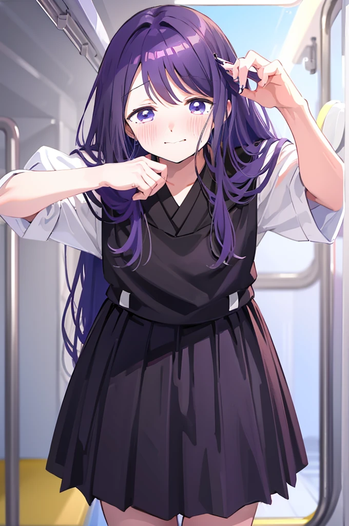 Holding white panties、Black Skirt、Take off the white panties、Smirking face、Blushing、Black Skirt、Light purple hair、Semi-long hair、、Japanese school uniform、girl、on the train、Strap、、８K,Masterpiece、Light purple hair、Semi-long hair、、Japanese 、、、、、白色のShowing panties、、Blushing、、Showing panties、Pull up your skirt、Blushing、on the train、Strap