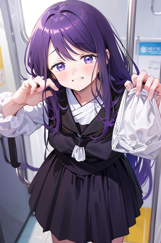 Holding white panties、Black Skirt、Take off the white panties、Smirking face、Blushing、Black Skirt、Light purple hair、Semi-long hair、、Japanese school uniform、schoolgirl、on the train、Strap、、８K,Masterpiece、Light purple hair、Semi-long hair、、Japanese 、、、、、白色のShowing panties、、Blushing、、Showing panties、Pull up your skirt、Blushing、on the train、Strap