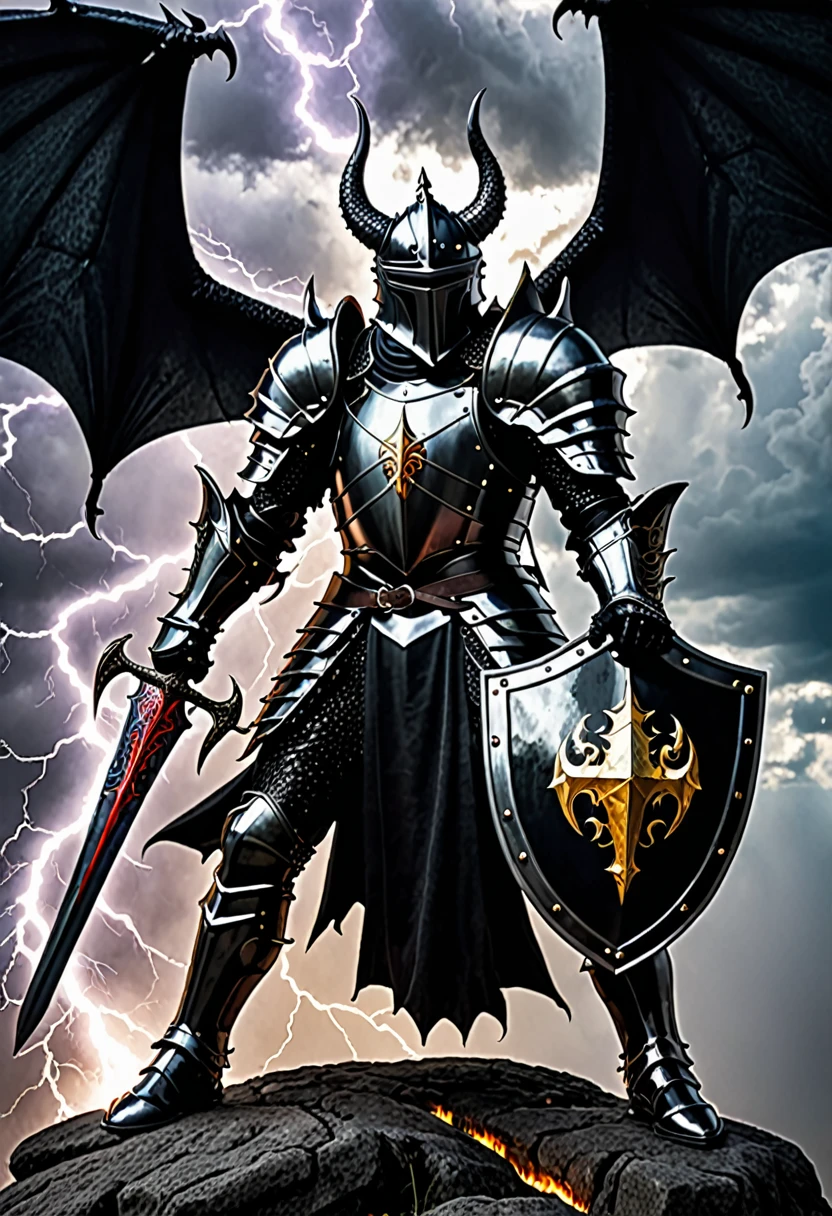 gothic black knight protecting himself with shield from dragon shooting lightening